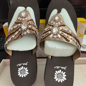 Yellowbox Beautiful Bronze, Gold & Crystal Beaded ‘Delta’ Sandals